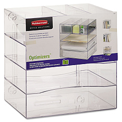 Rubbermaid Optimizers Four-Way Organizer with Drawers, 6 Compartments, 2 Drawers, Plastic, 10 x 13.25 x 13.25, Clear (94600ROS)