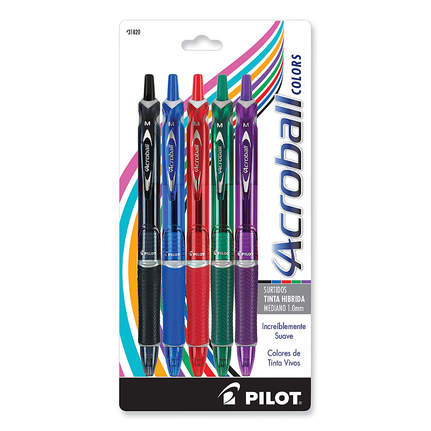 Pilot Acroball Colors Advanced Ink Ballpoint Pen, Retractable, Medium 1 mm, Assorted Ink and Barrel Colors, 5/Pack (31820)