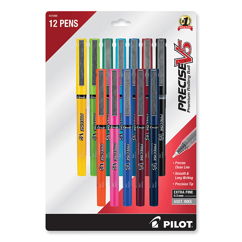 Pilot Precise V5 Roller Ball Pen, Stick, Fine 0.5 mm, Assorted Ink and Barrel Colors, Dozen (31888)