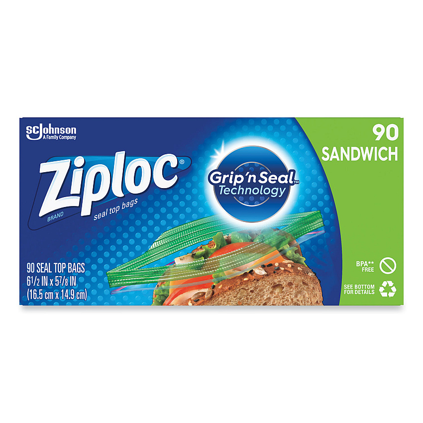 Ziploc Resealable Sandwich Bags, 6.5" x 5.88", Clear, 90 Bags/Box, 12 Boxes/Carton (315885)
