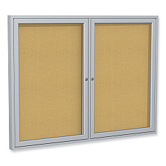 Ghent 2 Door Enclosed Natural Cork Bulletin Board with Satin Aluminum Frame, 60 x 36, Tan Surface (PA23660K)