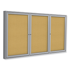 Ghent 3 Door Enclosed Natural Cork Bulletin Board with Satin Aluminum Frame, 96 x 48, Tan Surface (PA34896K)