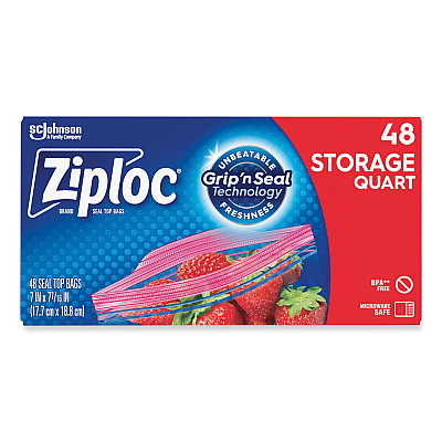 Ziploc Double Zipper Storage Bags, 1 qt, 1.75 mil, 9.63" x 8.5", Clear, 48/Box (314469BX)