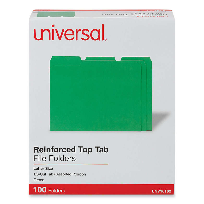 Universal Reinforced Top-Tab File Folders, 1/3-Cut Tabs: Assorted, Letter Size, 1" Expansion, Green, 100/Box (UNV16162)