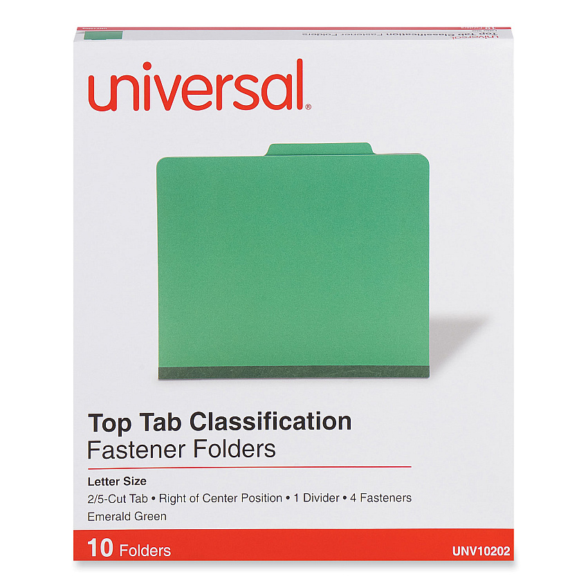 Universal Bright Colored Pressboard Classification Folders, 1 Divider, Letter Size, Emerald Green, 10/Box (UNV10202)