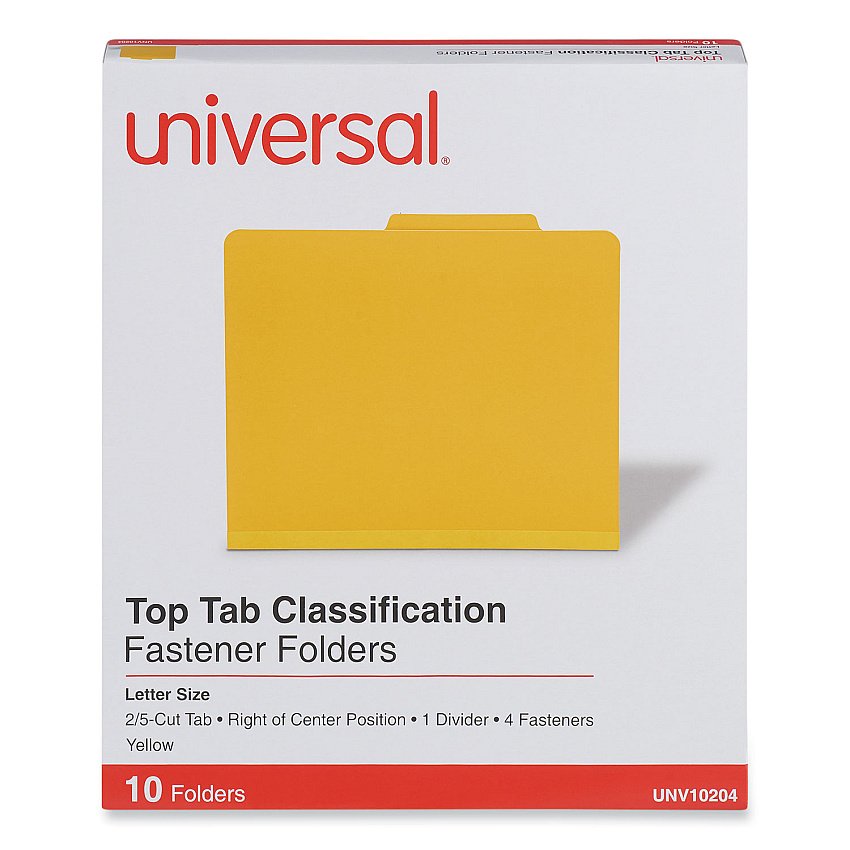 Universal Bright Colored Pressboard Classification Folders, 1 Divider, Letter Size, Yellow, 10/Box (UNV10204)