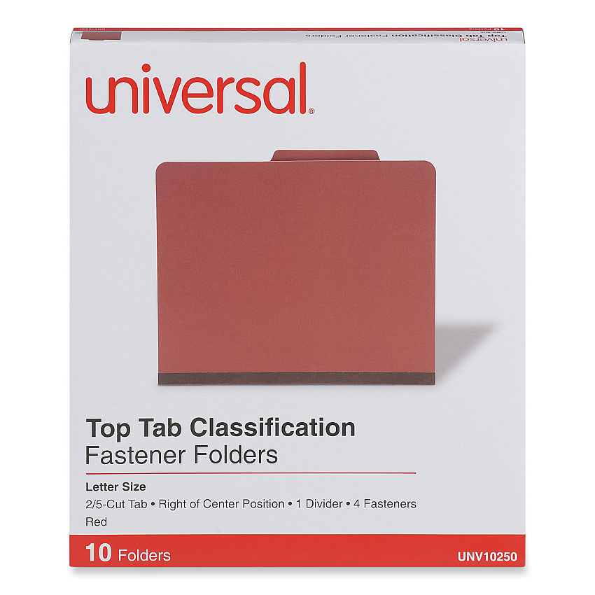 Universal Four-Section Pressboard Classification Folders, 1 Divider, Letter Size, Red, 10/Box (UNV10250)