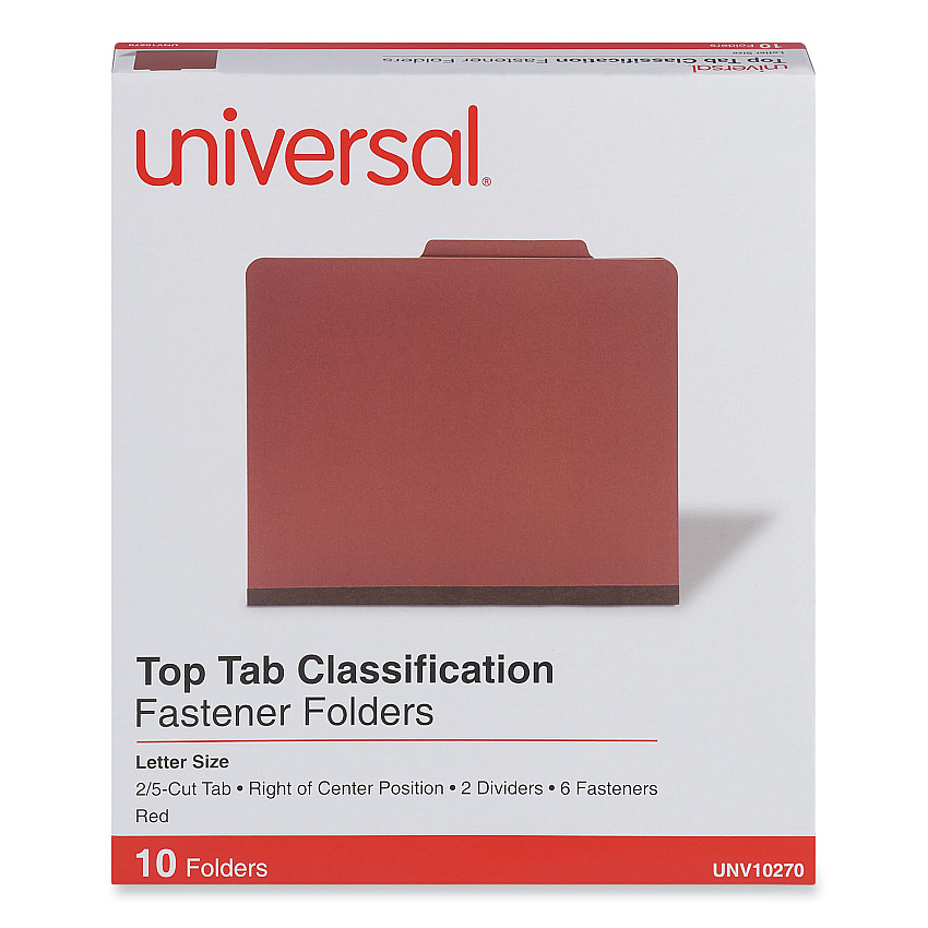 Universal Six--Section Pressboard Classification Folders, 2 Dividers, Letter Size, Red, 10/Box (UNV10270)