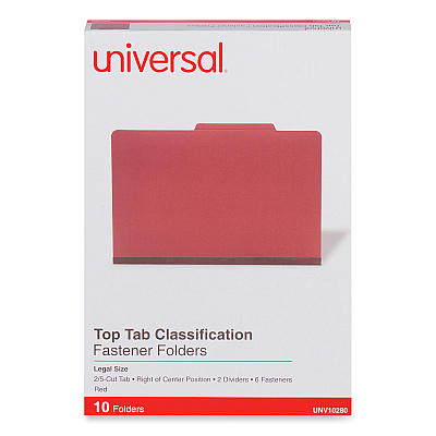 Universal Six--Section Pressboard Classification Folders, 2 Dividers, Legal Size, Red, 10/Box (UNV10280)