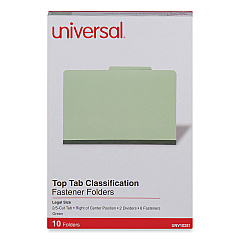 Universal Six--Section Pressboard Classification Folders, 2 Dividers, Legal Size, Green, 10/Box (UNV10281)