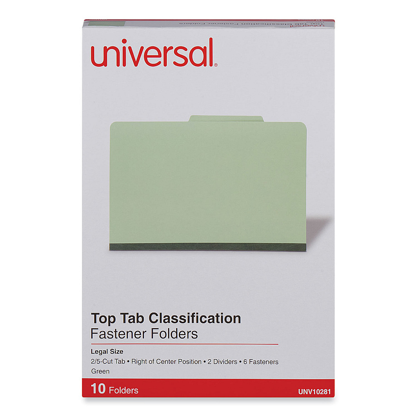 Universal Six--Section Pressboard Classification Folders, 2 Dividers, Legal Size, Green, 10/Box (UNV10281)