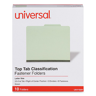 Universal Eight-Section Pressboard Classification Folders, 3 Dividers, Letter Size, Green, 10/Box (UNV10291)