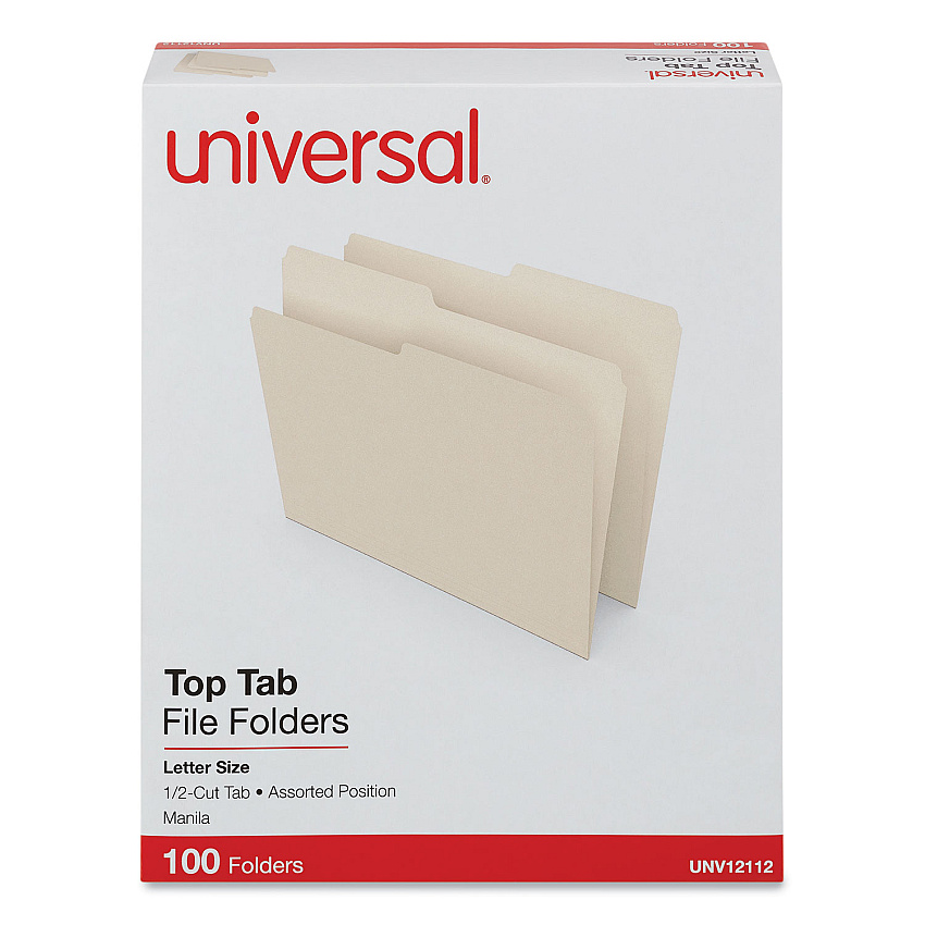 Universal Top Tab Manila File Folders, 1/2-Cut Tabs: Assorted, Letter Size, 0.75" Expansion, Manila, 100/Box (UNV12112)