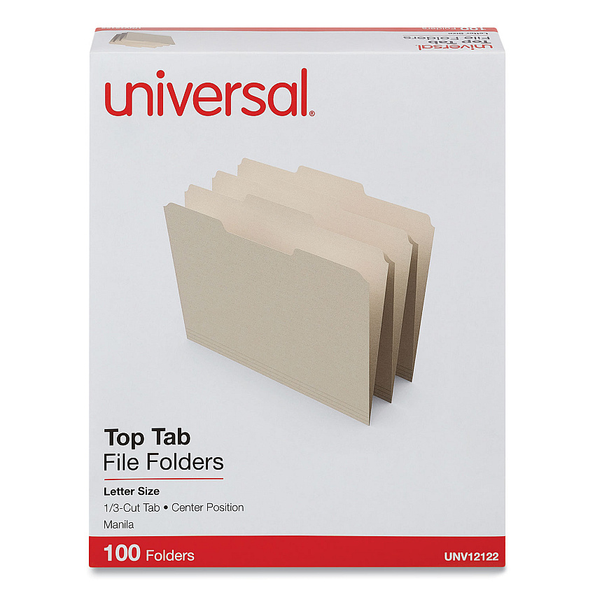 Universal Top Tab Manila File Folders, 1/3-Cut Tabs: Center Position, Letter Size, 0.75" Expansion, Manila, 100/Box (UNV12122)