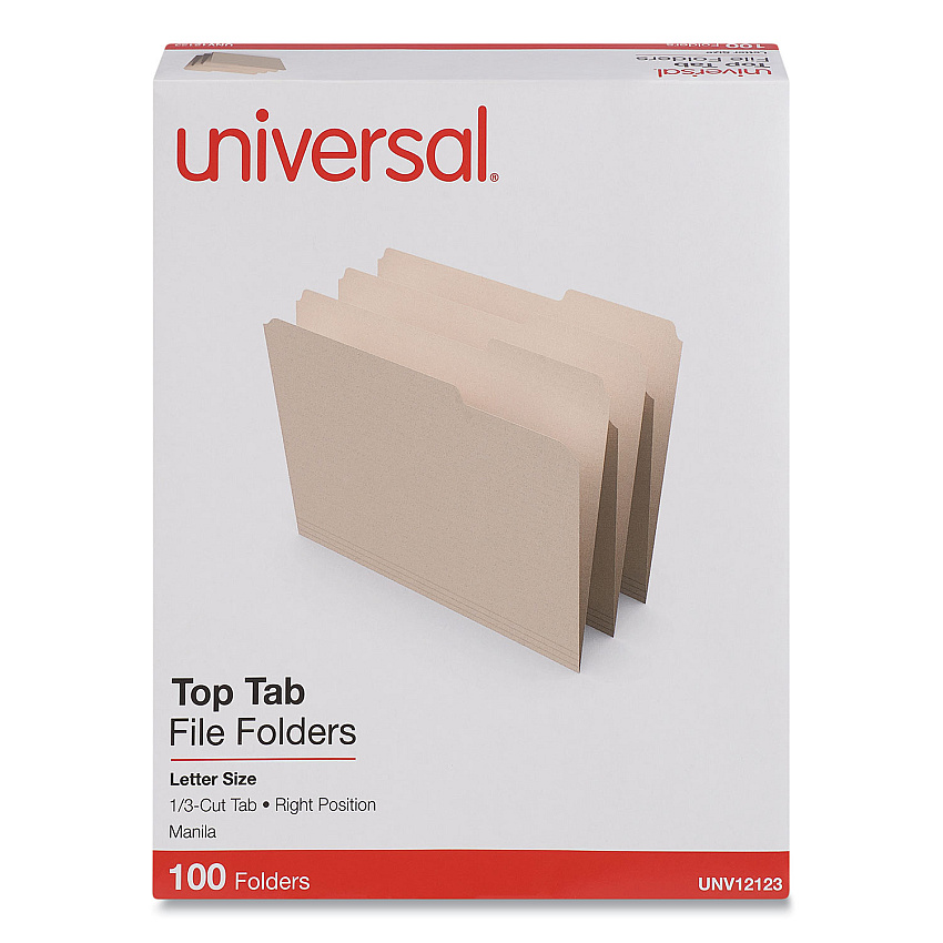 Universal Top Tab Manila File Folders, 1/3-Cut Tabs: Right Position, Letter Size, 0.75" Expansion, Manila, 100/Box (UNV12123)
