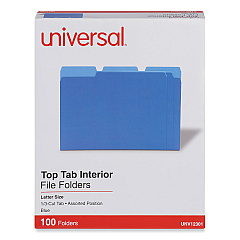 Universal Interior File Folders, 1/3-Cut Tabs: Assorted, Letter Size, 11-pt Stock, Blue, 100/Box (UNV12301)