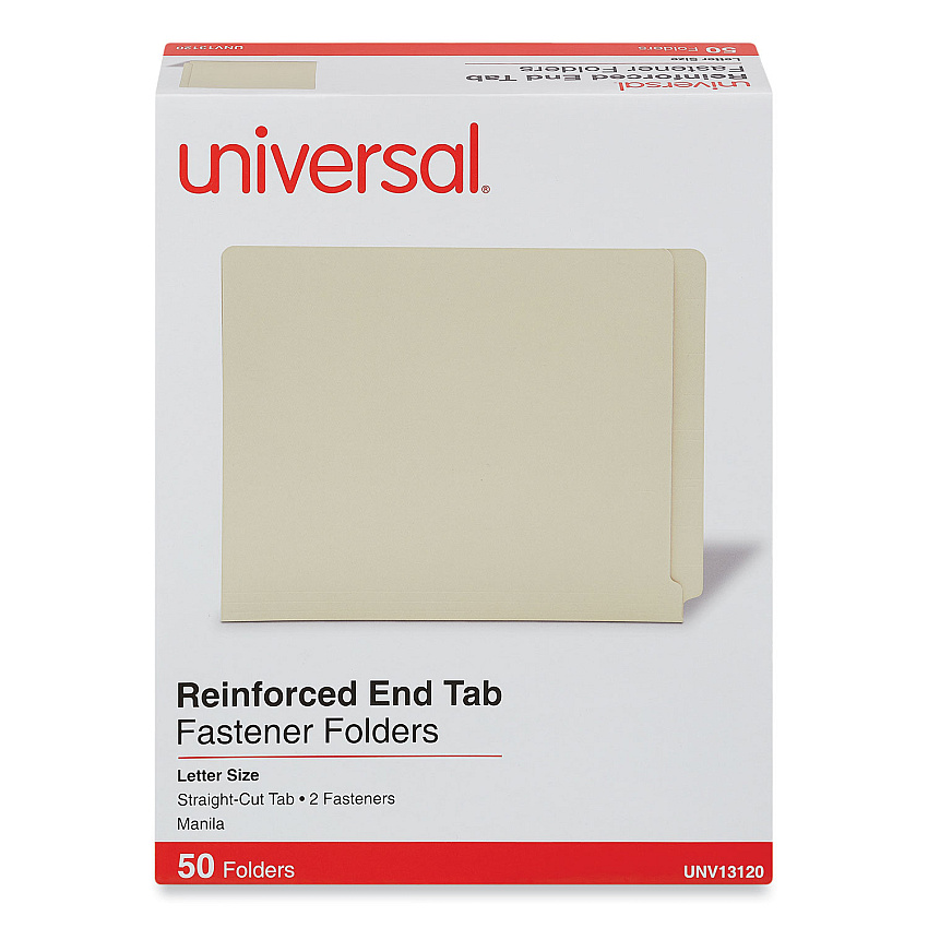 Universal Reinforced End Tab Fastener Folders, 2 Fasteners, Letter Size, Manila Exterior, 50/Box (UNV13120)