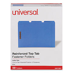 Universal Deluxe Reinforced Top Tab Fastener Folders, 2 Fasteners, Letter Size, Blue Exterior, 50/Box (UNV13521)
