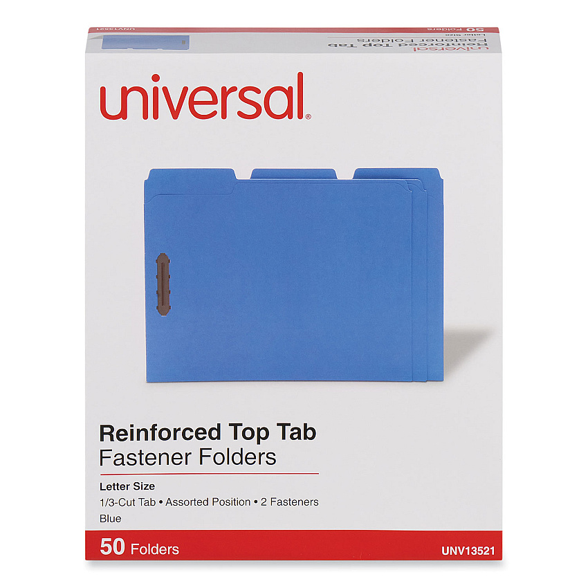 Universal Deluxe Reinforced Top Tab Fastener Folders, 2 Fasteners, Letter Size, Blue Exterior, 50/Box (UNV13521)