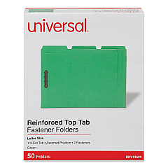 Universal Deluxe Reinforced Top Tab Fastener Folders, 2 Fasteners, Letter Size, Green Exterior, 50/Box (UNV13522)