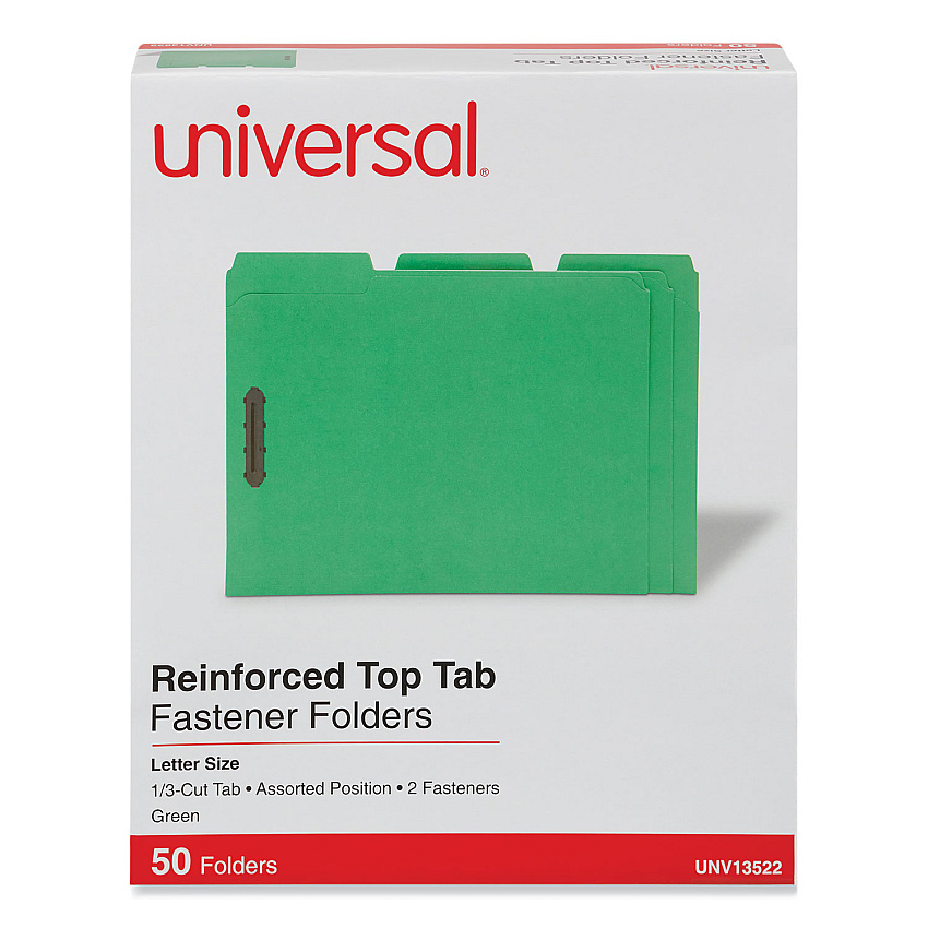Universal Deluxe Reinforced Top Tab Fastener Folders, 2 Fasteners, Letter Size, Green Exterior, 50/Box (UNV13522)