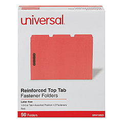 Universal Deluxe Reinforced Top Tab Fastener Folders, 2 Fasteners, Letter Size, Red Exterior, 50/Box (UNV13523)