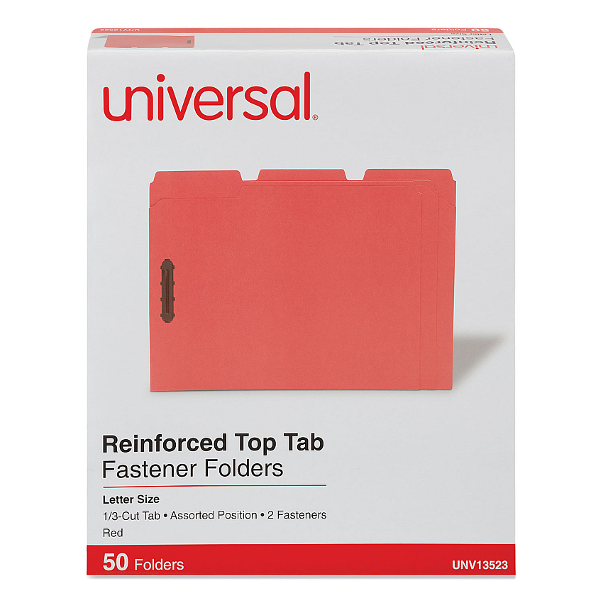 Universal Deluxe Reinforced Top Tab Fastener Folders, 2 Fasteners, Letter Size, Red Exterior, 50/Box (UNV13523)