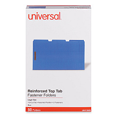Universal Deluxe Reinforced Top Tab Fastener Folders, 2 Fasteners, Legal Size, Blue Exterior, 50/Box (UNV13525)