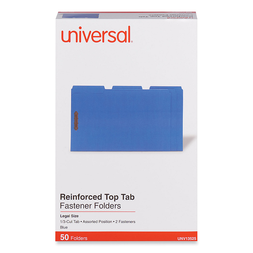 Universal Deluxe Reinforced Top Tab Fastener Folders, 2 Fasteners, Legal Size, Blue Exterior, 50/Box (UNV13525)