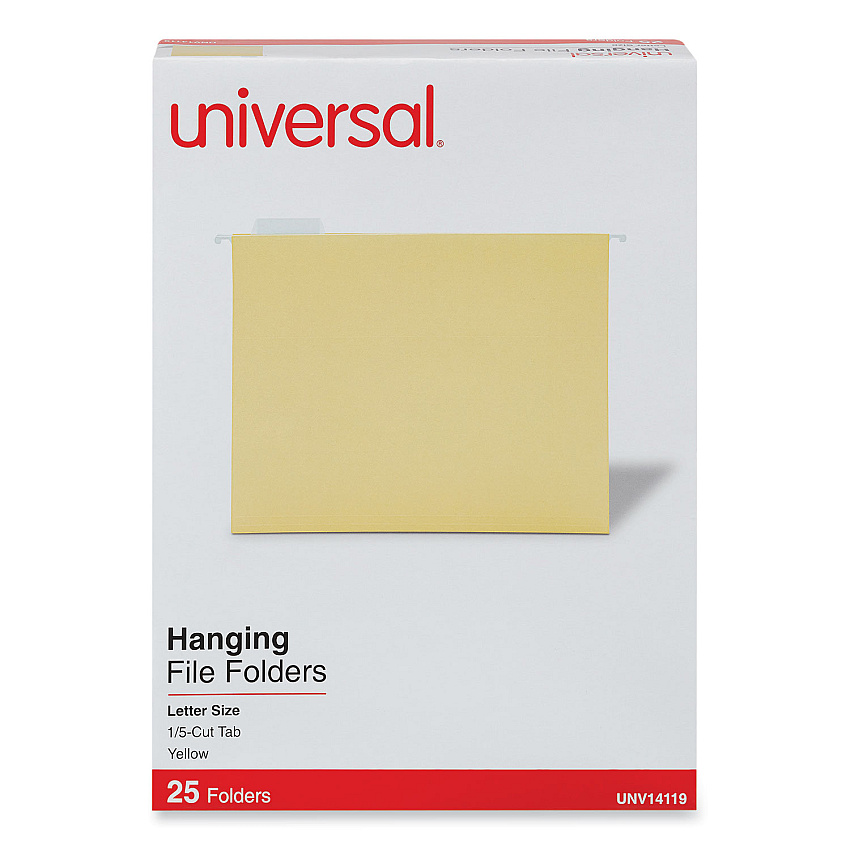 Universal Deluxe Bright Color Hanging File Folders, Letter Size, 1/5-Cut Tabs, Yellow, 25/Box (UNV14119)
