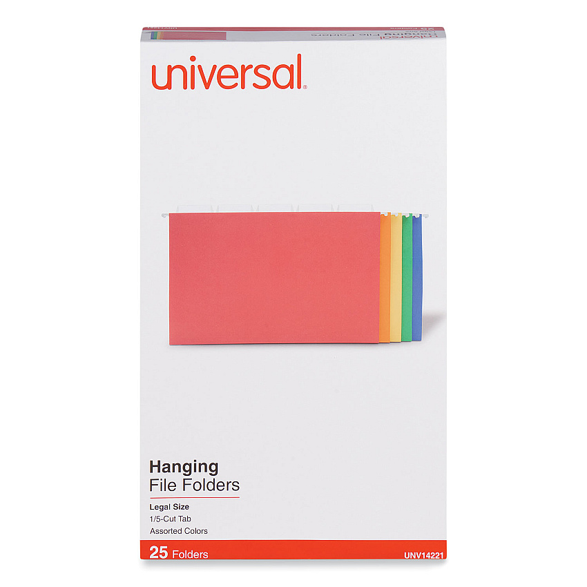 Universal Deluxe Bright Color Hanging File Folders, Legal Size, 1/5-Cut Tabs, Assorted Colors, 25/Box (UNV14221)