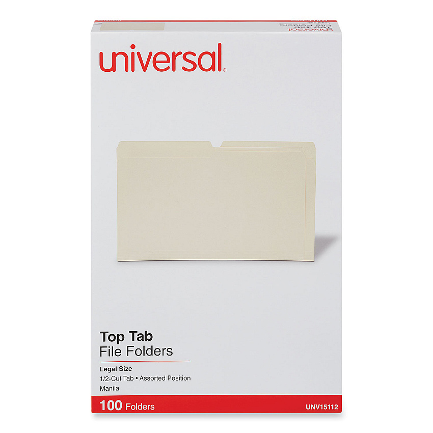 Universal Top Tab Manila File Folders, 1/2-Cut Tabs: Assorted, Legal Size, 0.75" Expansion, Manila, 100/Box (UNV15112)