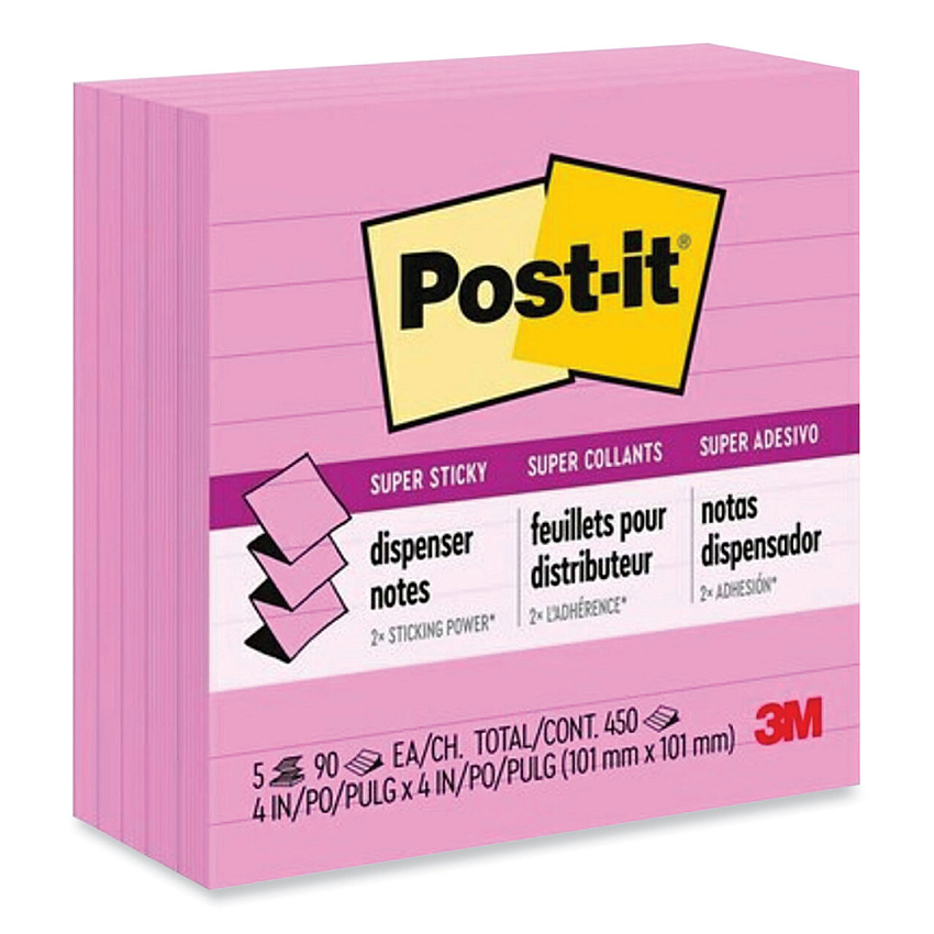 Post-it Pop-up Notes Super Sticky Pop-up Notes Refill, Note Ruled, 4" x 4", Neon Pink, 90 Sheets/Pad, 5 Pads/Pack (R440NPSS)