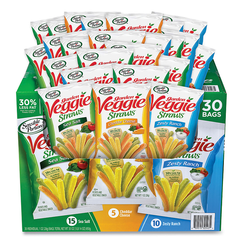 Sensible Portions Veggie Straws, Sea Salt/Zesty Ranch, 1 oz Bag, 30 Bags/Carton (22000413)