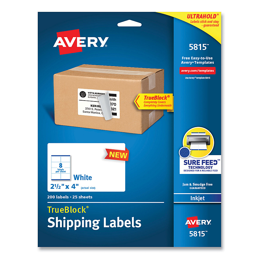 Avery Shipping Labels with TrueBlock Technology, Inkjet Printers, 2.5 x 4, White, 8 Labels/Sheet, 25 Sheets/Pack (5815)