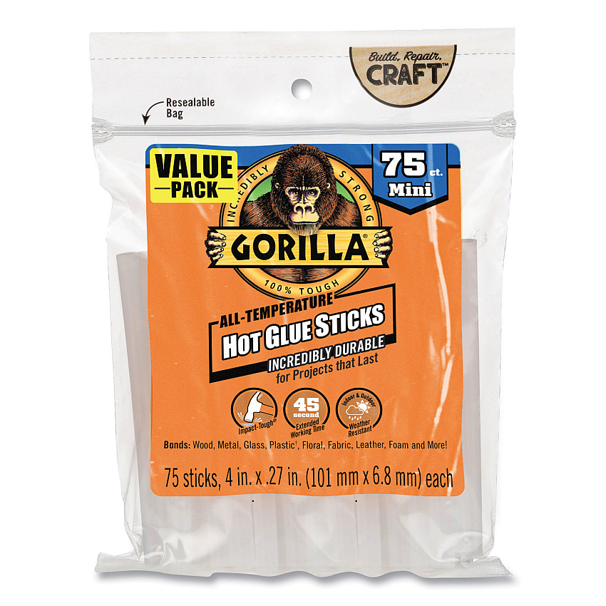 Gorilla Mini Hot Glue Sticks, 0.27" dia x 4", Dries Clear, 75/Pack (3027502)