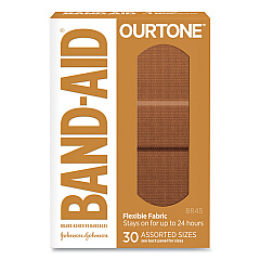 BAND-AID OurTone Adhesive Bandages, BR45, 2.25 x 0.63; 3 x 0.75; 3 x 1, Light Brown, 30/Pack (119585)
