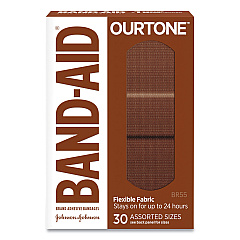 BAND-AID OurTone Adhesive Bandages, BR55, 2.25 x 0.63; 3 x 0.75; 3 x 1, Medium Brown, 30/Pack (119586)