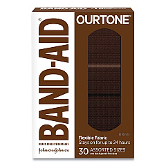 BAND-AID OurTone Adhesive Bandages, BR65, 2.25 x 0.63; 3 x 0.75; 3 x 1, Deep Brown, 30/Pack (119587)