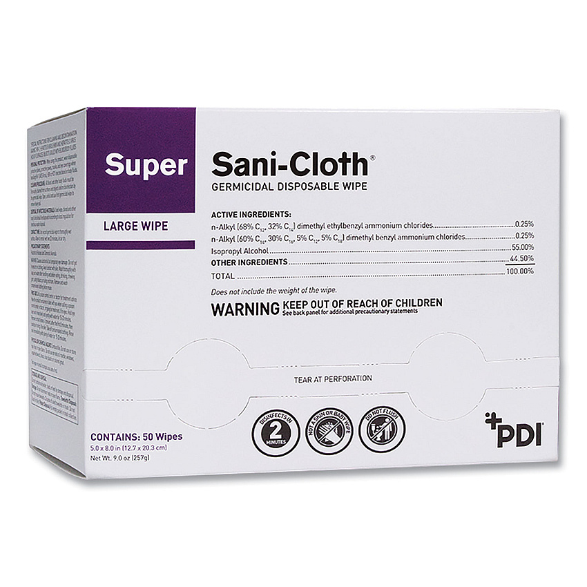 Sani Professional Super Sani-Cloth Individually Wrapped Germicidal Disposable Wipes, Large, 5 x 8, Unscented, White, 50/Pack (H04082)