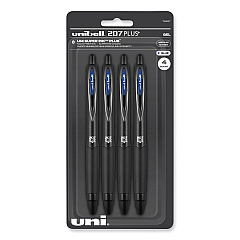 uniball 207 Plus+ Gel Pen, Retractable, Medium 0.7 mm, Blue Ink, Black Barrel, 4/Pack (70457)