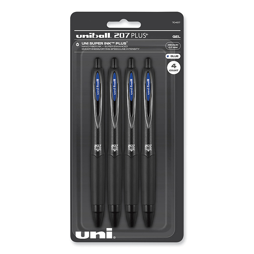 uniball 207 Plus+ Gel Pen, Retractable, Medium 0.7 mm, Blue Ink, Black Barrel, 4/Pack (70457)