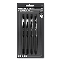 uniball 207 Plus+ Gel Pen, Retractable, Medium 0.7 mm, Black Ink, Black Barrel, 4/Pack (70460)