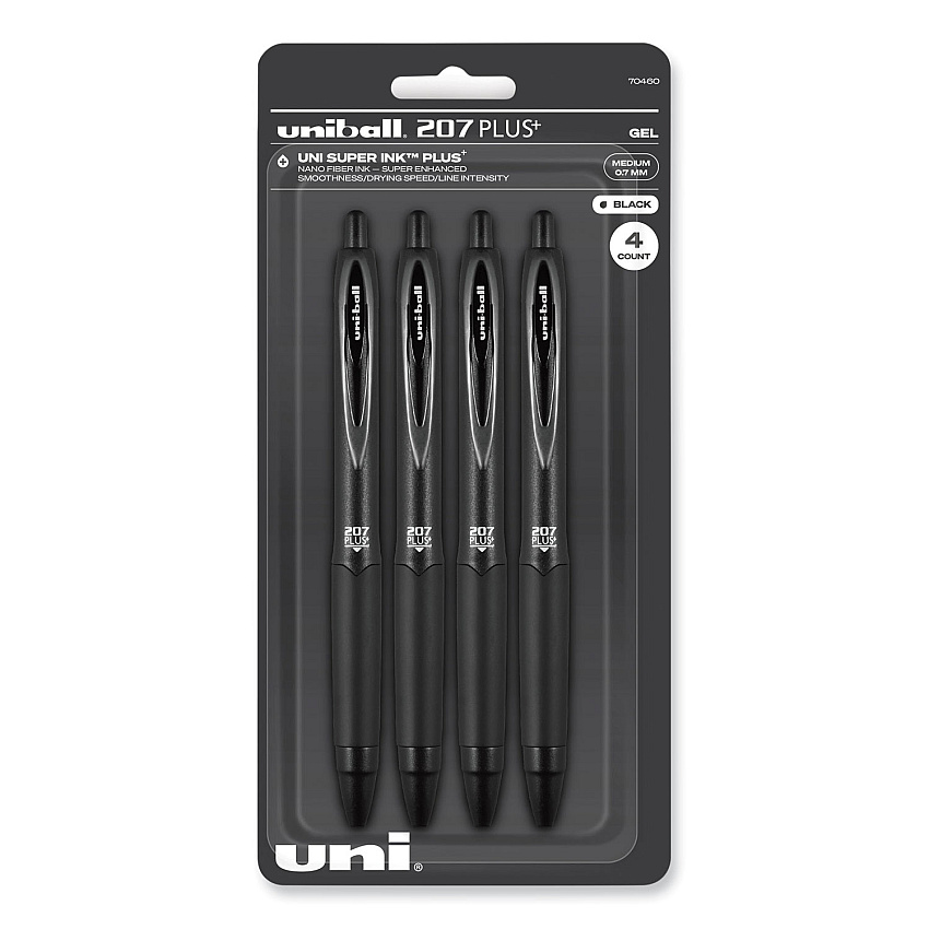uniball 207 Plus+ Gel Pen, Retractable, Medium 0.7 mm, Black Ink, Black Barrel, 4/Pack (70460)