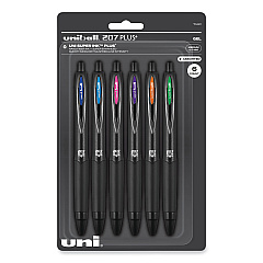 uniball 207 Plus+ Gel Pen, Retractable, Medium 0.7 mm, Inspirational Ink-Color Assortment, Black Barrel, 6/Pack (70491)