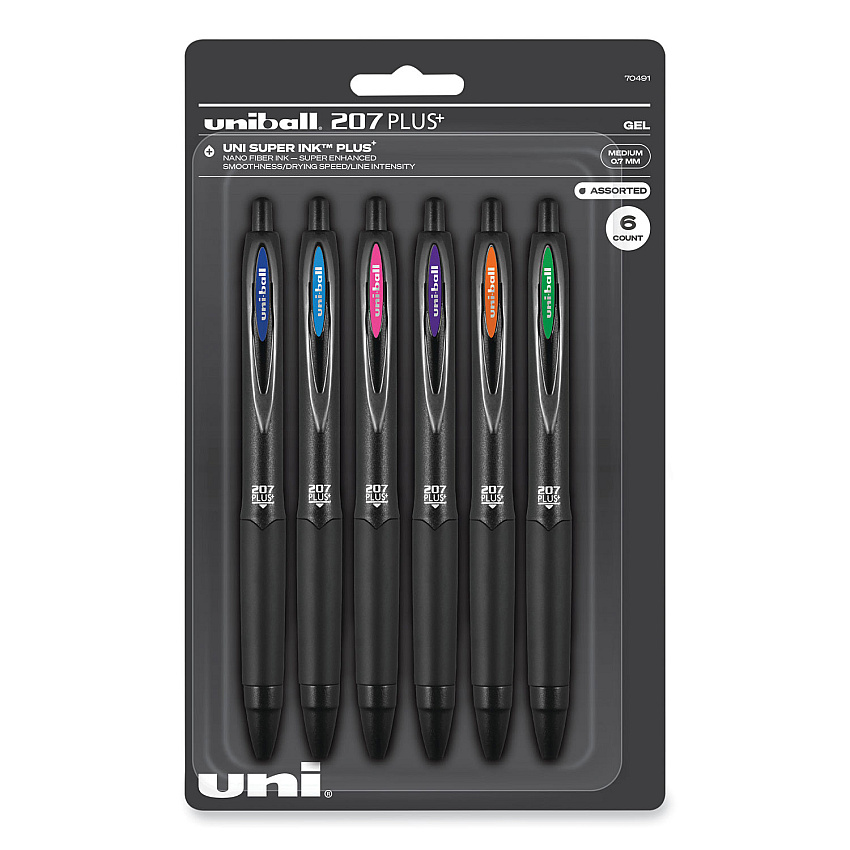 uniball 207 Plus+ Gel Pen, Retractable, Medium 0.7 mm, Inspirational Ink-Color Assortment, Black Barrel, 6/Pack (70491)
