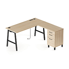 Union & Scale Essentials Single-Pedestal L-Shaped Desk with Integrated Power Management, 59.8" x 59.8 x 29.7", Natural Wood/Black (60420CC)