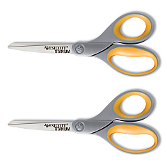 Westcott Titanium Bonded Scissors, 8" Long, 3.5" Cut Length, Gray/Yellow Straight Handles, 2/Pack (13901)