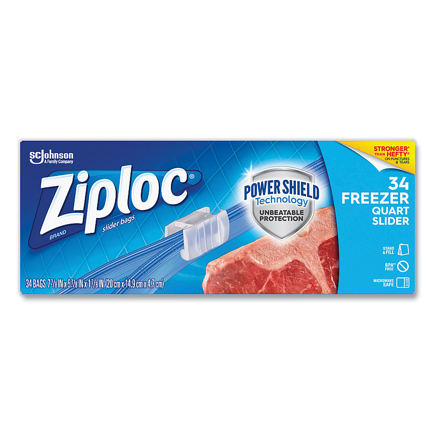 Ziploc Slider Freezer Bags, 1 qt, 1.75 mil, 5.88" x 1.88" x 7.88", Clear, 34/Box (316486)
