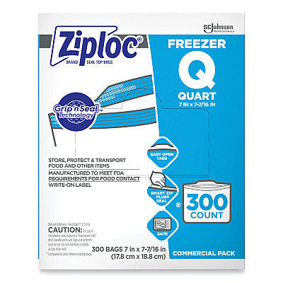 Ziploc Double Zipper Freezer Bags, 1 qt, 2.7 mil, 7" x 7.75", Clear, 300/Carton (696187)